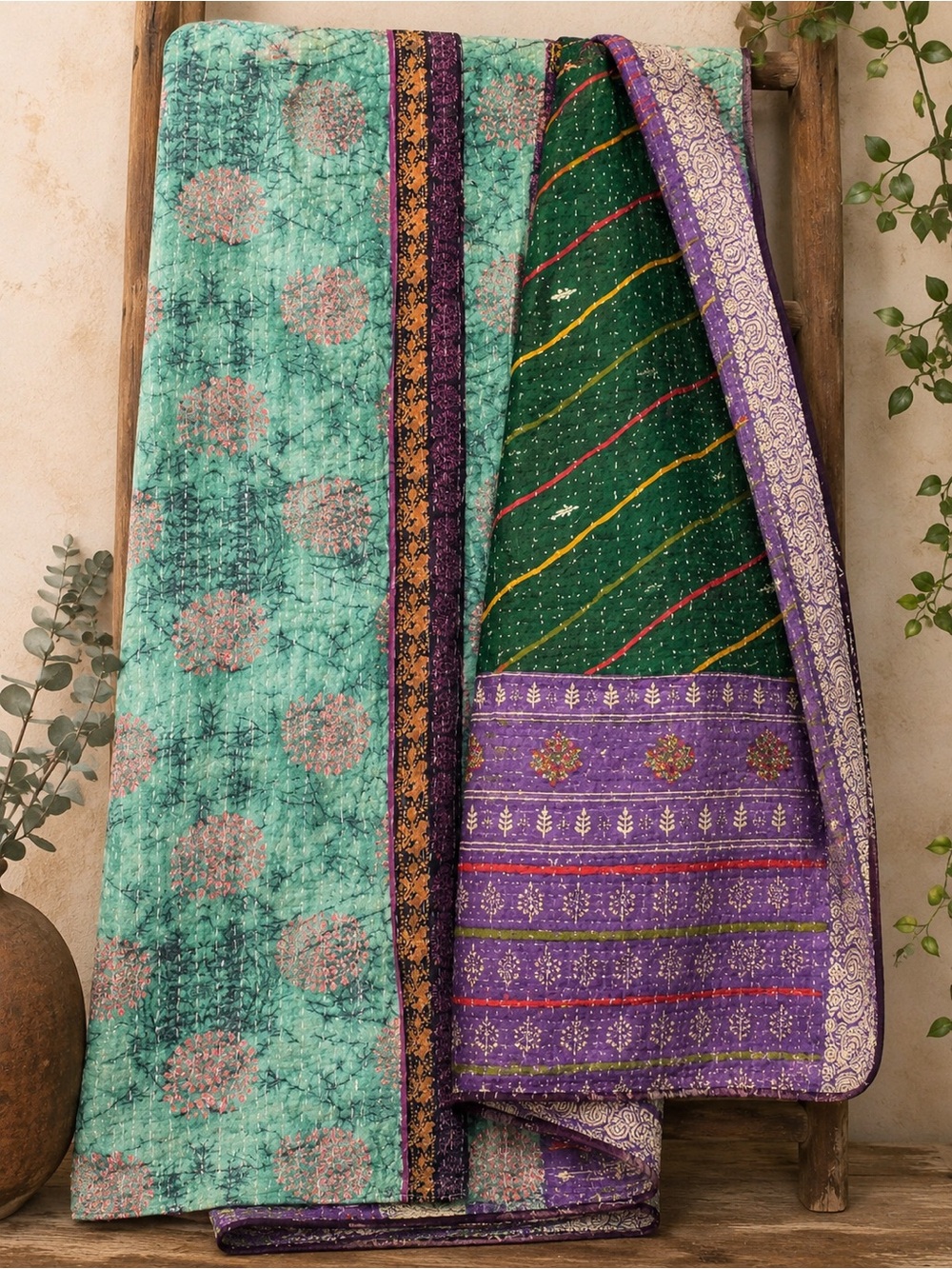 Vintage Handmade Printed Kantha Quilt India Sari Throw Blanket Twin 52x80